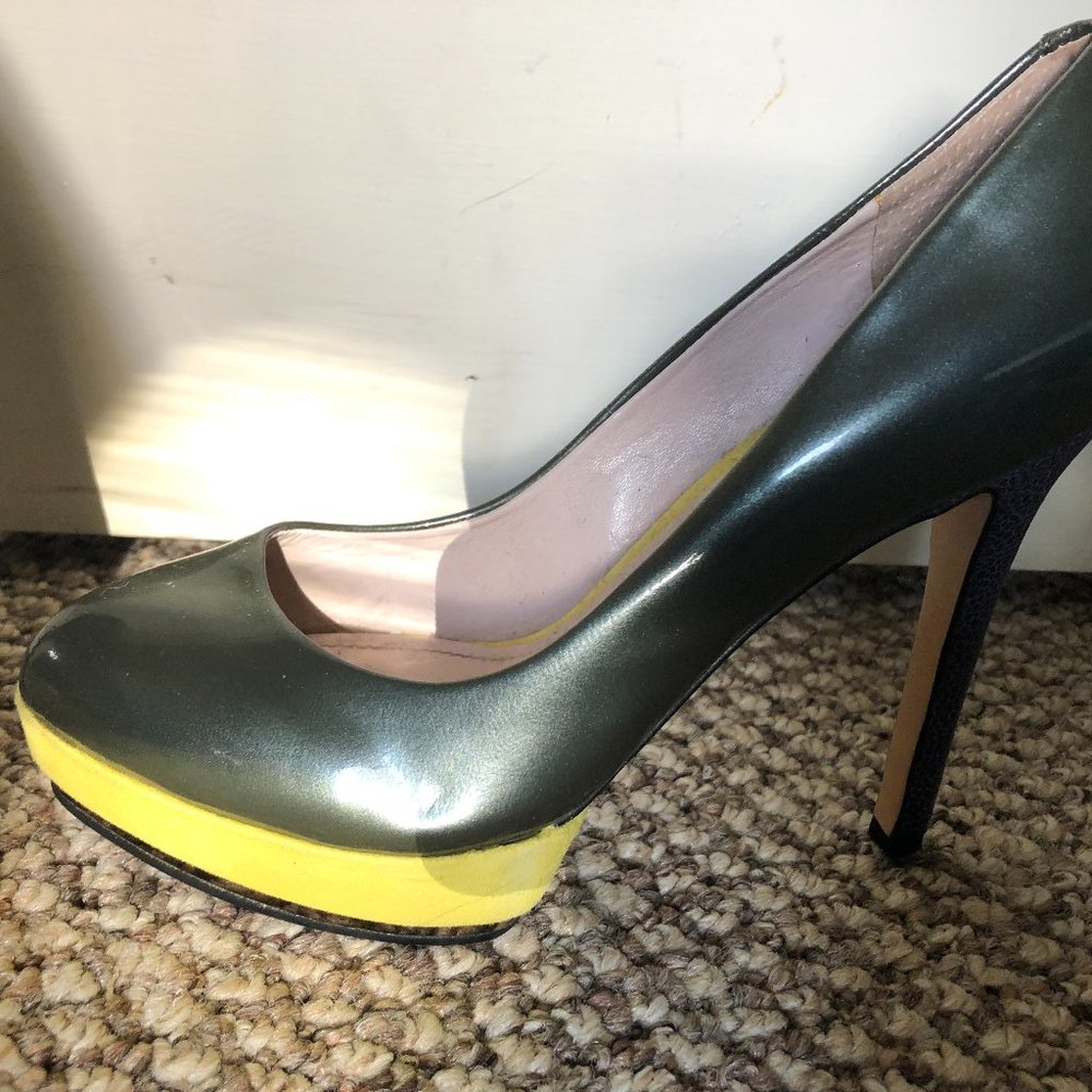 Vince Camuto PVC Stiletto Heel, yellow suede platform, purple animal print heel